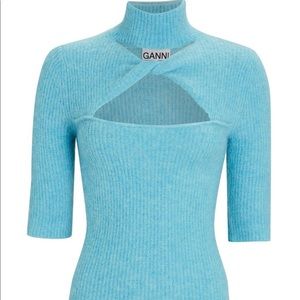 GANNI blue turtleneck sweater with cutout accent. Size Small (S)